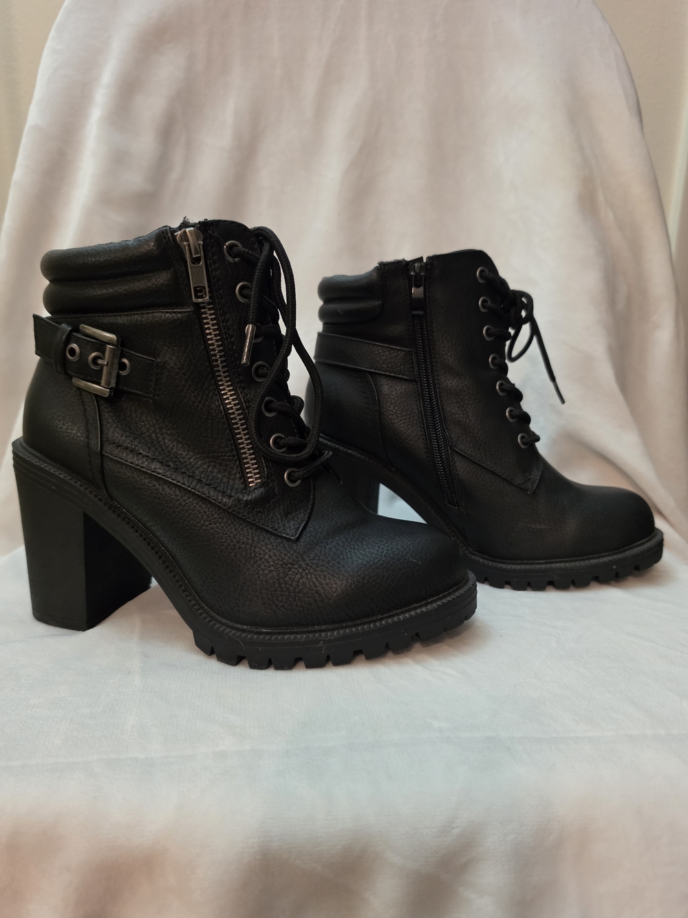 torrid Black Chunky Heel Lace-Up Ankle Booties with Side Zipper & Buckle
